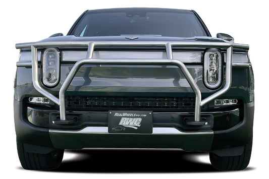 Pictured: Stainless Steel Brush Grille Guard for R1S/SUV & R1T/Truck (Brushed Satin) [RW300-1-R1]
