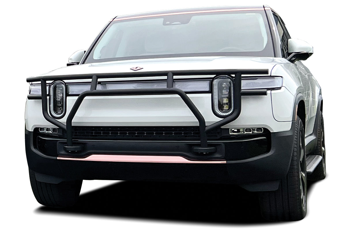 Pictured: Stainless Steel Brush Grille Guard for R1S/SUV & R1T/Truck (Stealth Black) [RW300-1BP-R1]