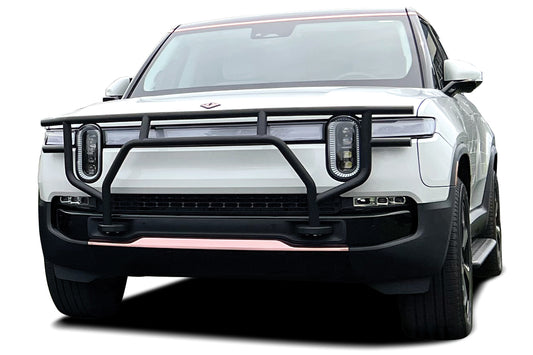 Pictured: Stainless Steel Brush Grille Guard for R1S/SUV & R1T/Truck (Stealth Black) [RW300-1BP-R1]