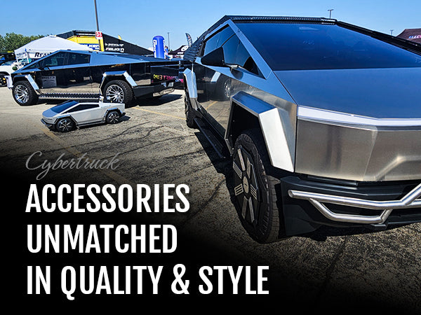 RealWheelsEV at EV Expo Chicago: Silver Cybertruck with text 'Accessories Unmatched in Quality & Style'