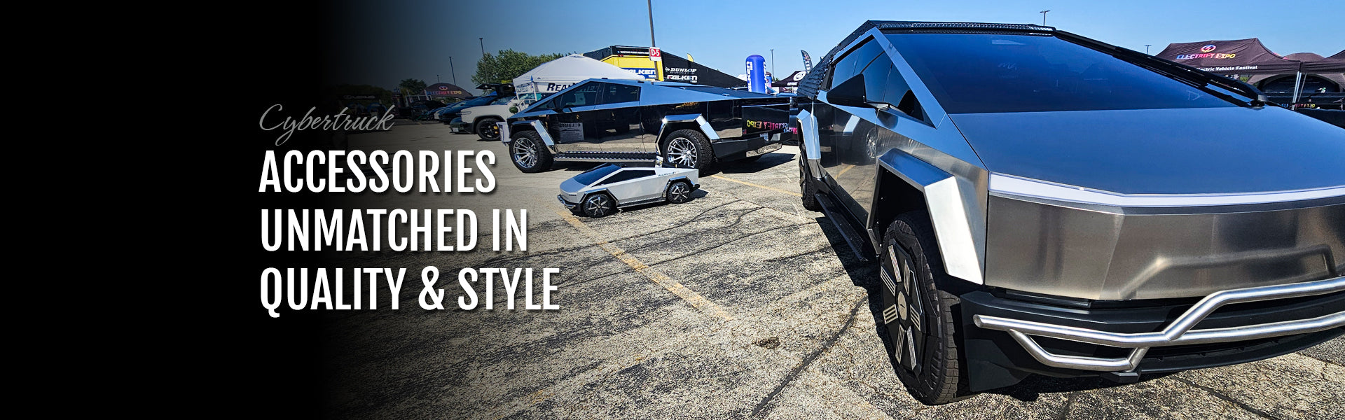 RealWheelsEV at EV Expo: Silver Cybertruck with text 'Accessories Unmatched in Quality & Style'