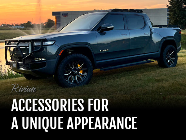Rivian R1 SUT, RealWheelsEV black powder-coated brush grille guard & running boards, with text 'Accessories for a Unique Appearance'