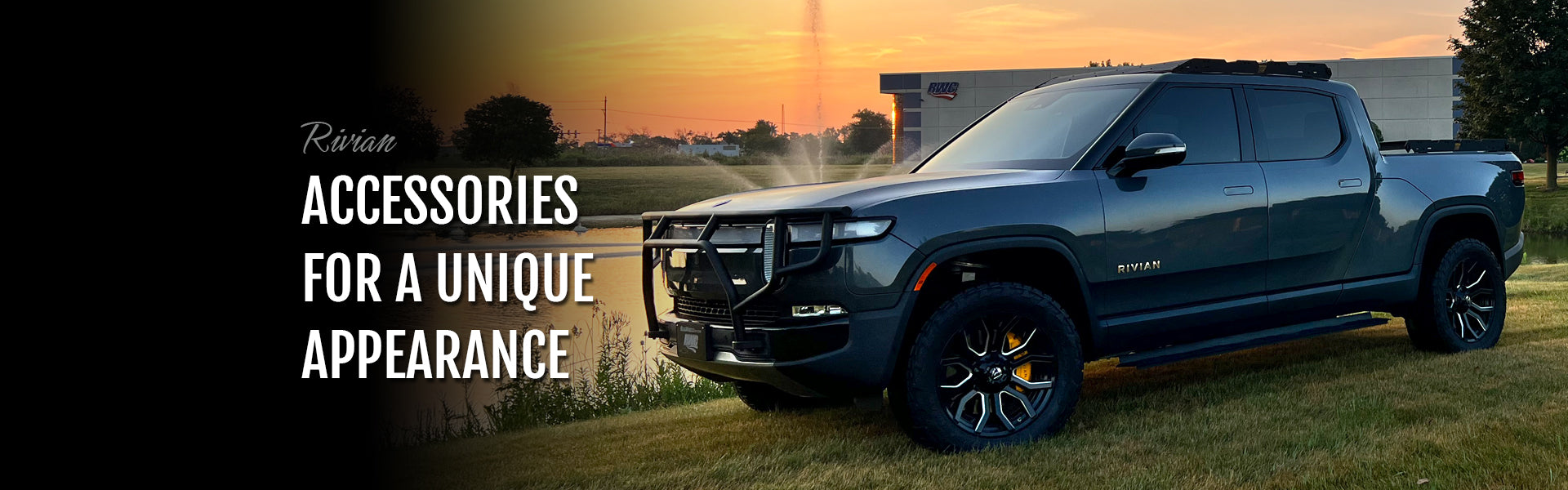 RealWheelsEV: Rivian R1 SUT, black powder-coated brush grille guard and running boards, with text 'Accessories for a Unique Appearance'