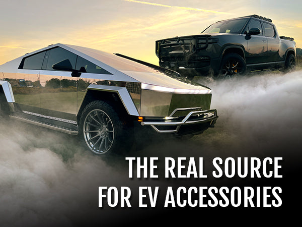 Cybertruck and Rivian R1 SUT featuring RealWheelsEV brush guards & running boards; text: 'The Real Source for EV Accessories'