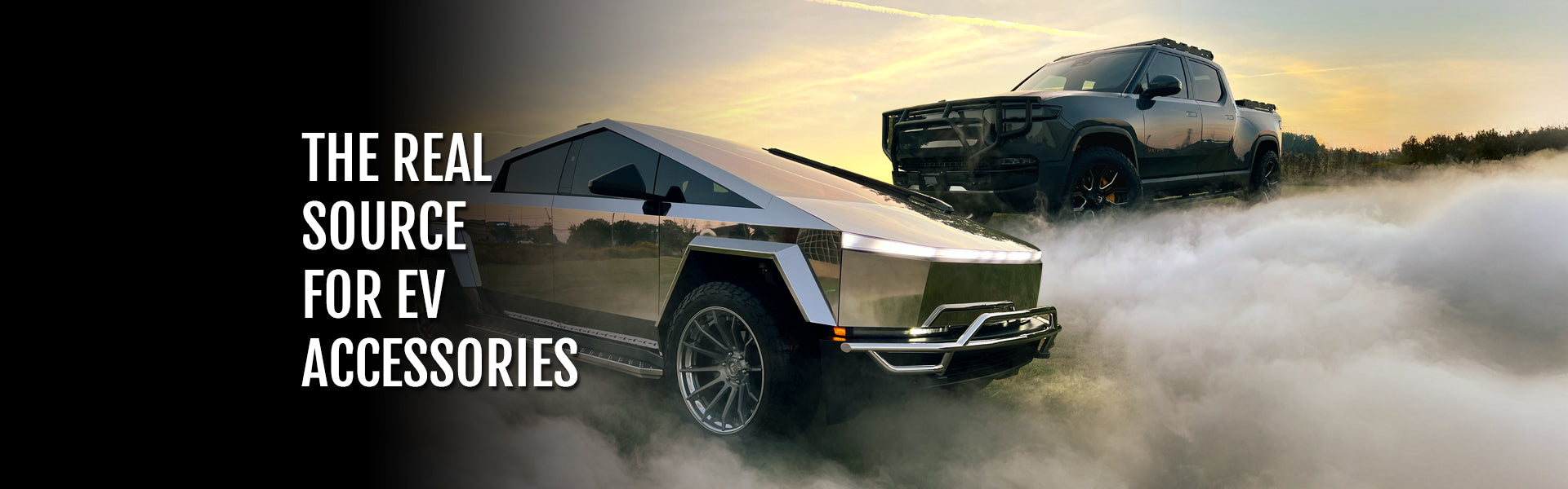 Cybertruck and Rivian R1 SUT with RealWheelsEV brush guards and running boards; text: 'The Real Source for EV Accessories'
