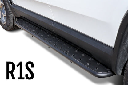 Pictured: Stainless Steel Running Boards for Rivian R1S/SUV/R1T (Stealth Black) [RW400-1BP-R1S] 